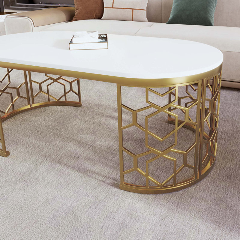 Modern Oval Coffee Table With Cut-Out Pattern Metal Stainless Steel Frame In 47.2"