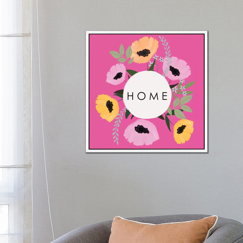 Home Florals Hot Pink by Leah Straatsma - Painting on Canvas, White Floater Framed, 66.04cm H x 66.04cm W x 3.81cm D