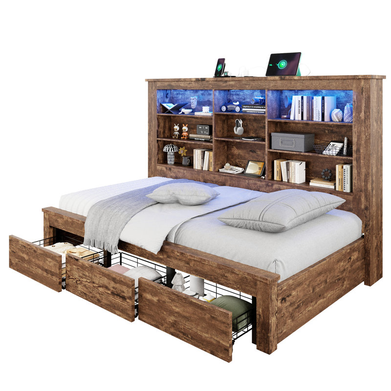 Bookcase Bed with LED Light and Underbed Drawers, Storage Headboard Platform Bed for Teens, Brown