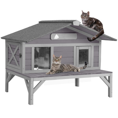 Outdoor Cat House Weatherproof Roof Wooden Outside Feral Cat Shelter For Winter Kitty Condo With Escape Doors