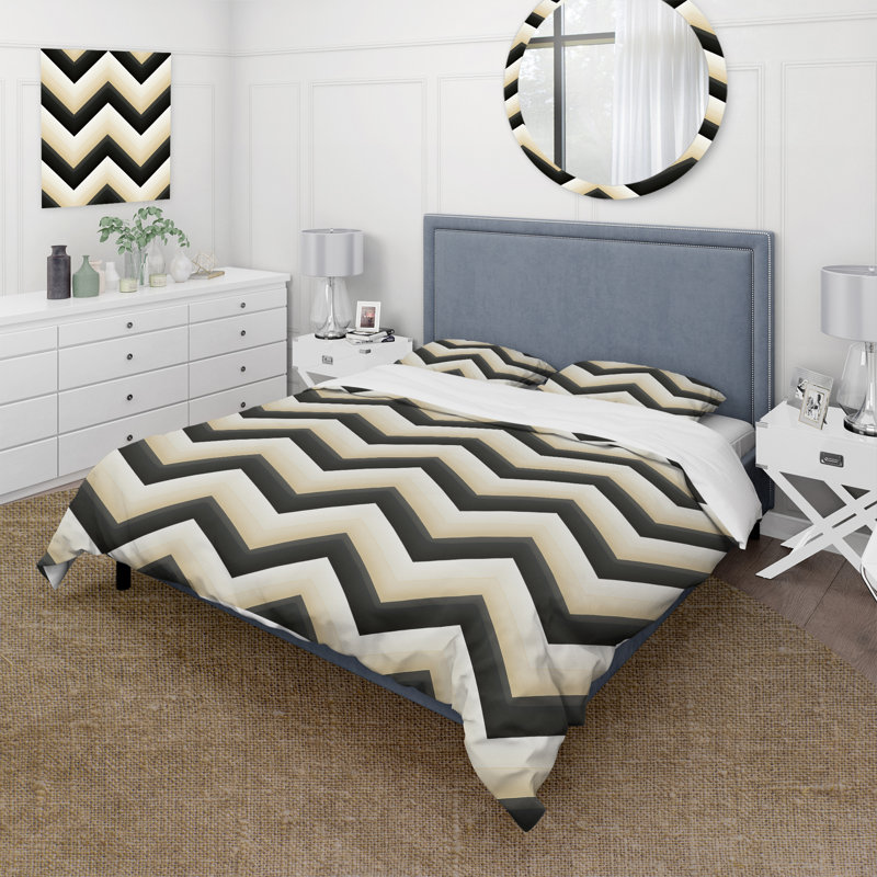 Ensemble de housse de couette en microfibre monochromatique à motif de chevrons noir et blanc