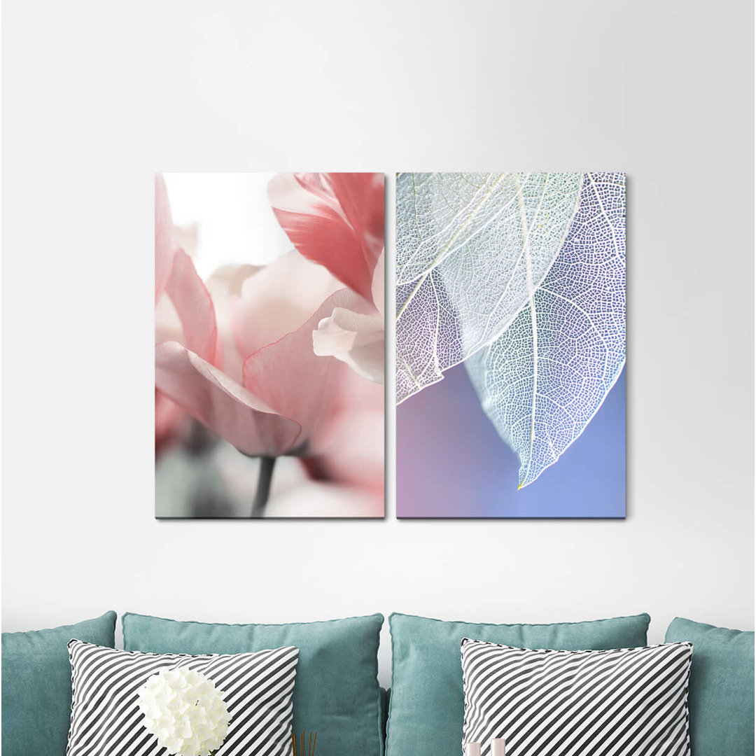 2-tlg. Leinwandbilder-Set - Fotografie „Tulips White Leaves Leaf Veins Light Gentle”