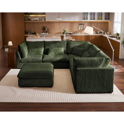 120" Oversized Modular Sectional, Cloud Corduroy Sofa Wide Deep Seat Couch, 5 Seater Large Sleeper Bed Plush Cushion with Convertible Ottoman Chaise for Lounge Modern Furniture Sets