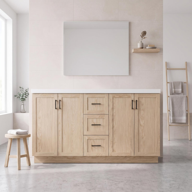 Meuble-lavabo double lavabo en bois de 59 pouces avec 4 portes et 3 tiroirs