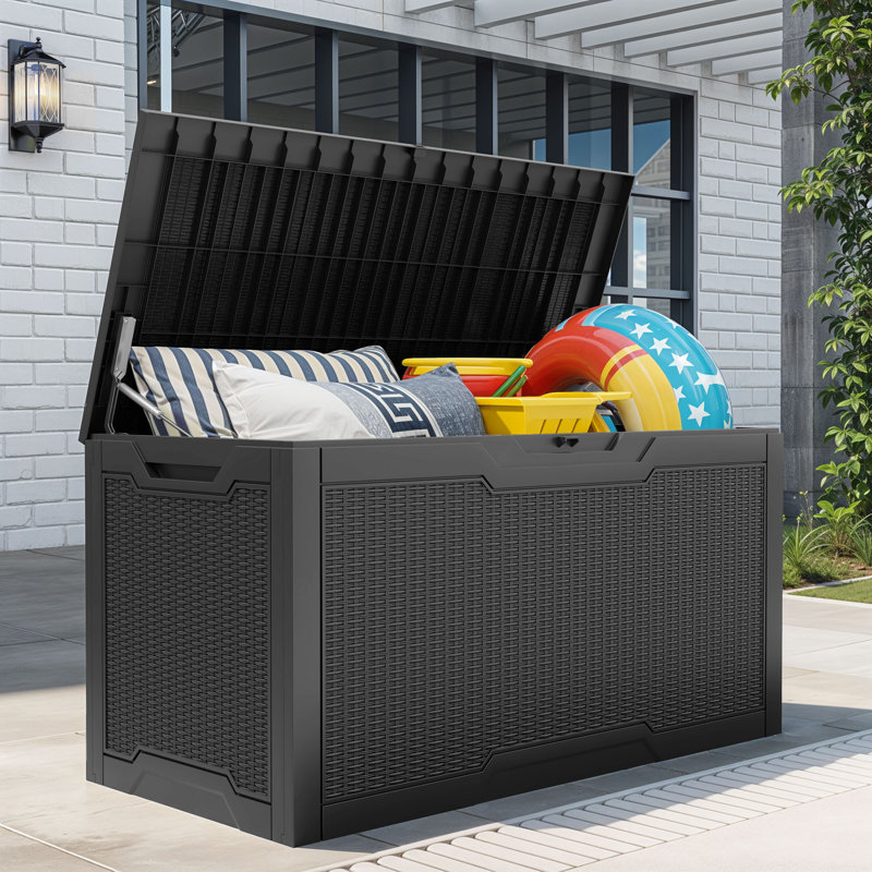 Quartey 100 Gallons Water Resistant Resin Lockable Deck Box, Black, Faux Rattan