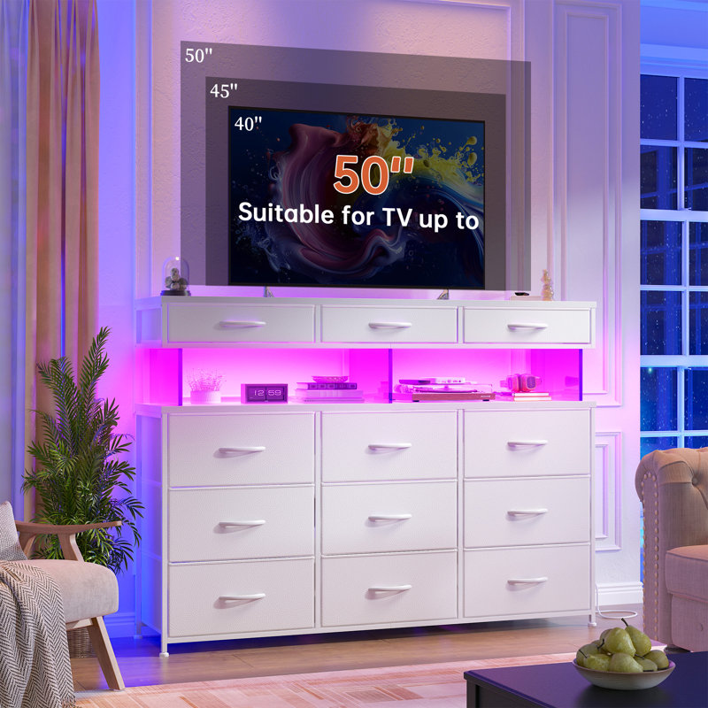 Dresser For Bedroom With 12 Drawers, Dressers With Led Light, Charging Station And Acrylic Sheet, White
