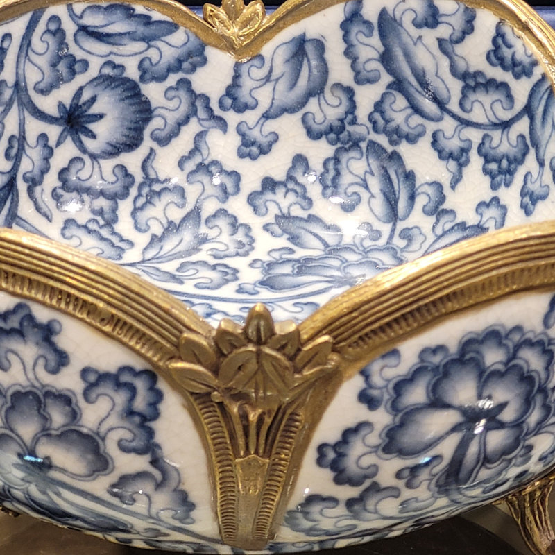 Porcelain Scallop Bowl With Bronze Blue White Floral