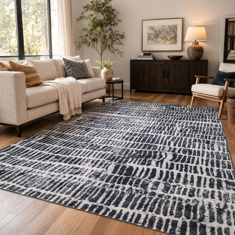 Tapis d'intérieur antidérapant à rayures anthracite, lavable à la machine, 5' x 7'
