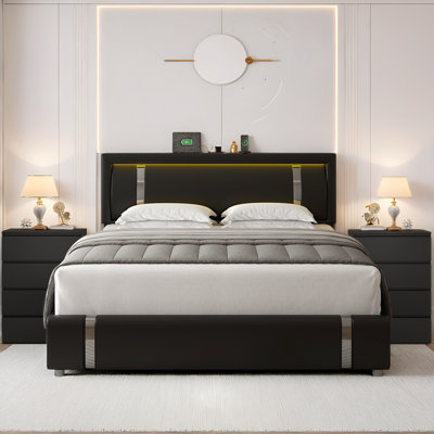 3-piece Bedroom Sets, Queen Size Led Storage Bed With 4-drawers Nightstands