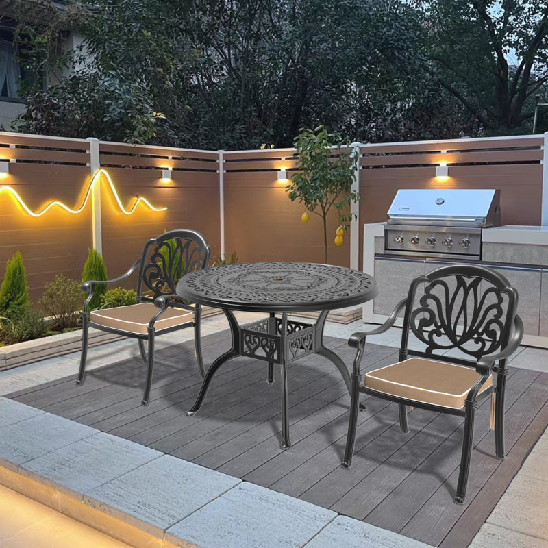 Ensemble de 3 meubles de patio en aluminium coulé avec coussins bruns