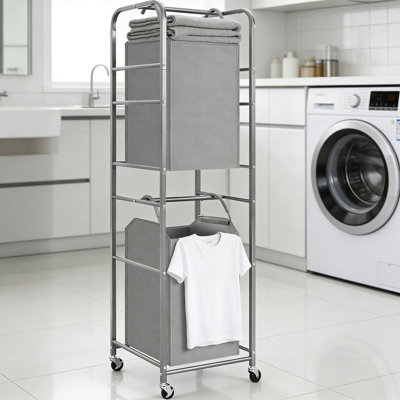 2-Tier Rolling Laundry Hamper Sorter With Removable Bags, Tall Vertical Design For Space Saving, Large Capacity Clothes Basket For Towels And Blankets