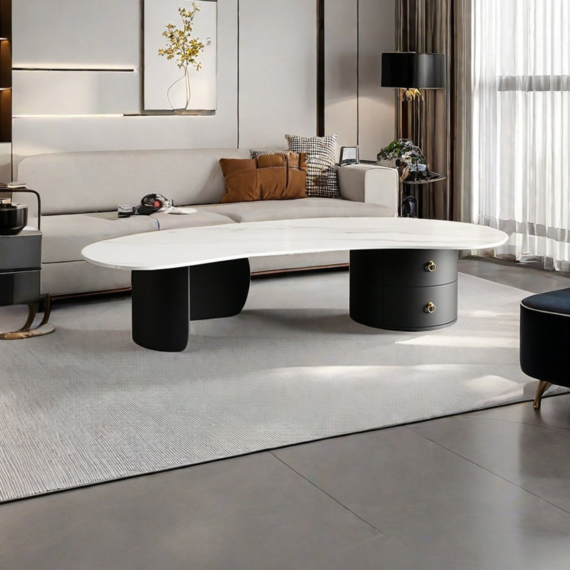 Creative irregular shaped rock plate coffee table, 15.7" H x 51.2" W x 25.6" D, White, Black