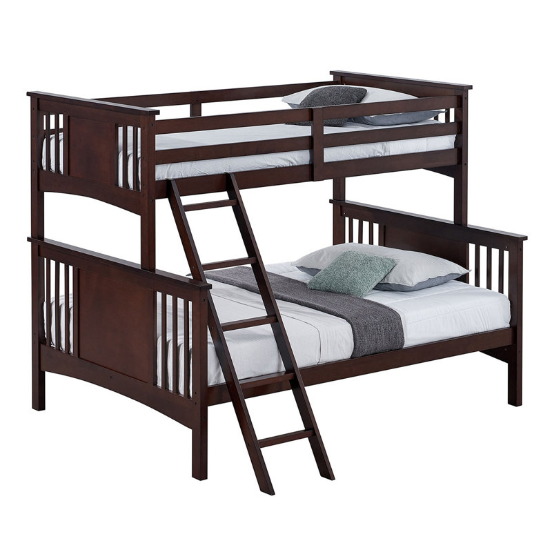 Ricky Twin Over Full Bunk Bed, Angled Ladder, Solid Hardwood, Brown