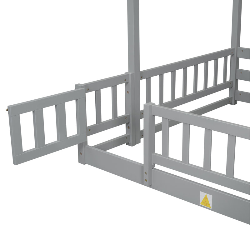 Lit simple superposé au dessus d'un lit double avec glissade, escalier de rangement, lit superposé en bois de pin massif avec garde-corps de sécurité, gris