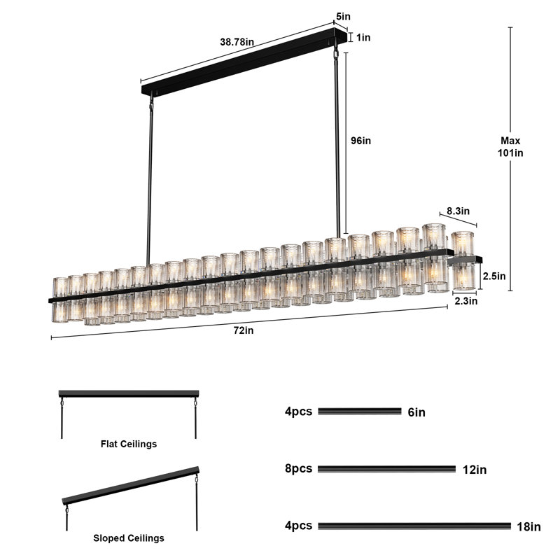80-Light 72"L Dimmable Square / Rectangle Crystal Cup Chandelier with Crystal Accents(Bulbs Included), Matte Black