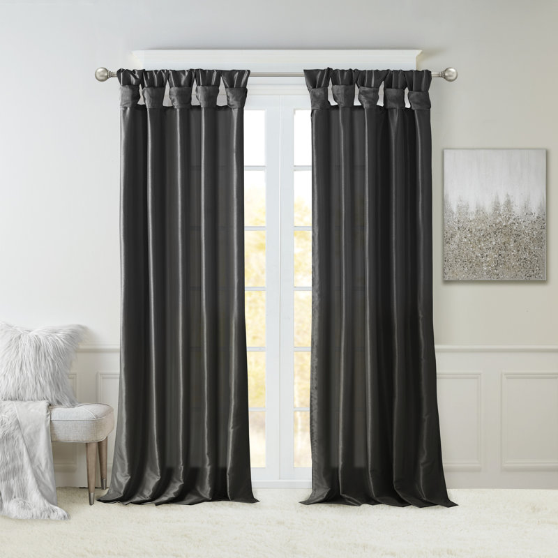 Karlita Faux Silk Room Darkening Twist Tab Single Curtain Panel, 50" W x 108" L, Black