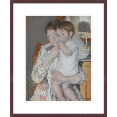 (Femme et enfant devant une petite table portant un lavabo et un pichet) par Mary Cassatt - Impression Giclée encadrée