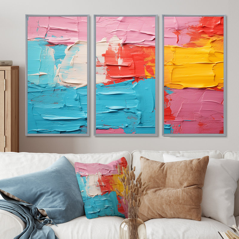 «Miami Summer Celebration», ensemble d'art mural abstrait, H 40 po x l 60 po x P 1 po, Encadrement argenté