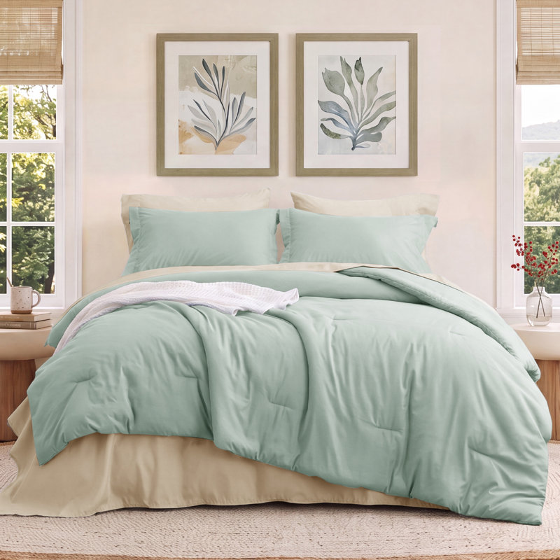 Ensemble d'édredon très grand vert, 7 pièces, ensembles de literie très légers Boho, lit dans un sac avec édredon, draps, taies d'oreiller et taies décoratives, design contrastant