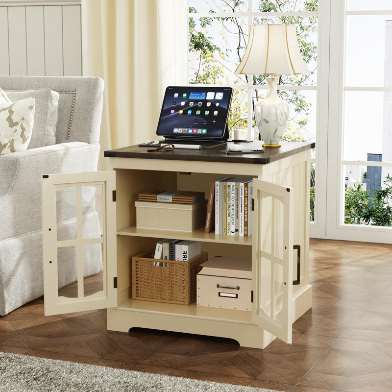Table de bout à DEL avec porte en verre 23,6 po et 2 portes (ensemble de 2), Blanc, Couleurs claires