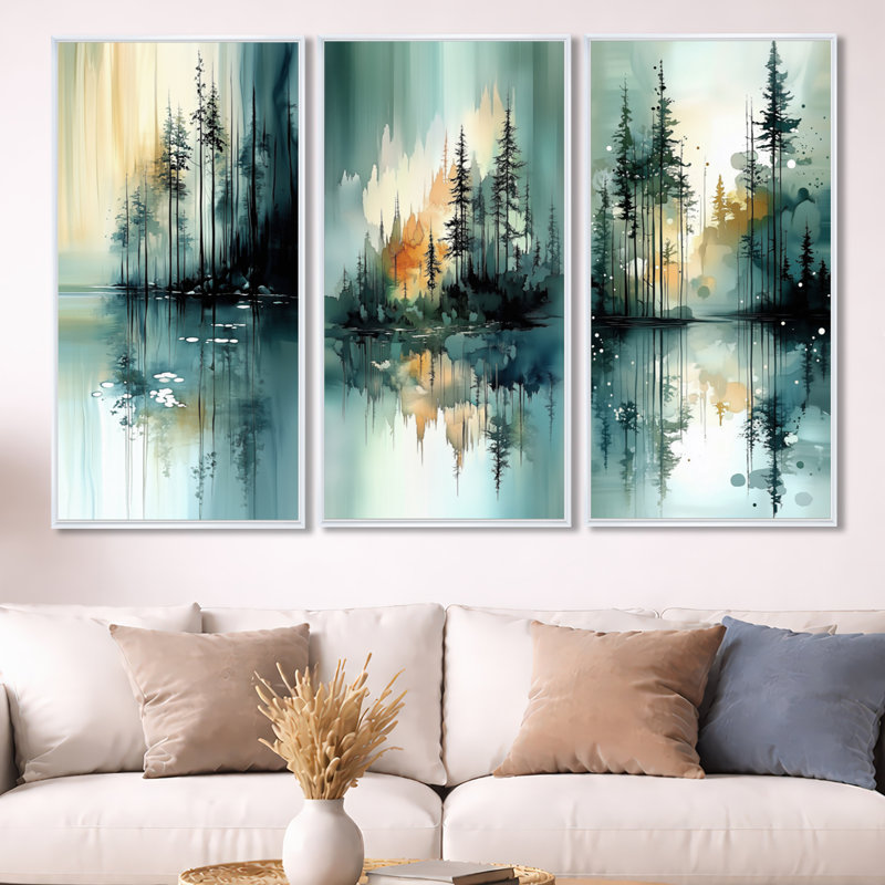 Décoration murale 3 pièces Quiet Mountain Lake Spring Horizon, 32" H x 48" W, White Floater Framed