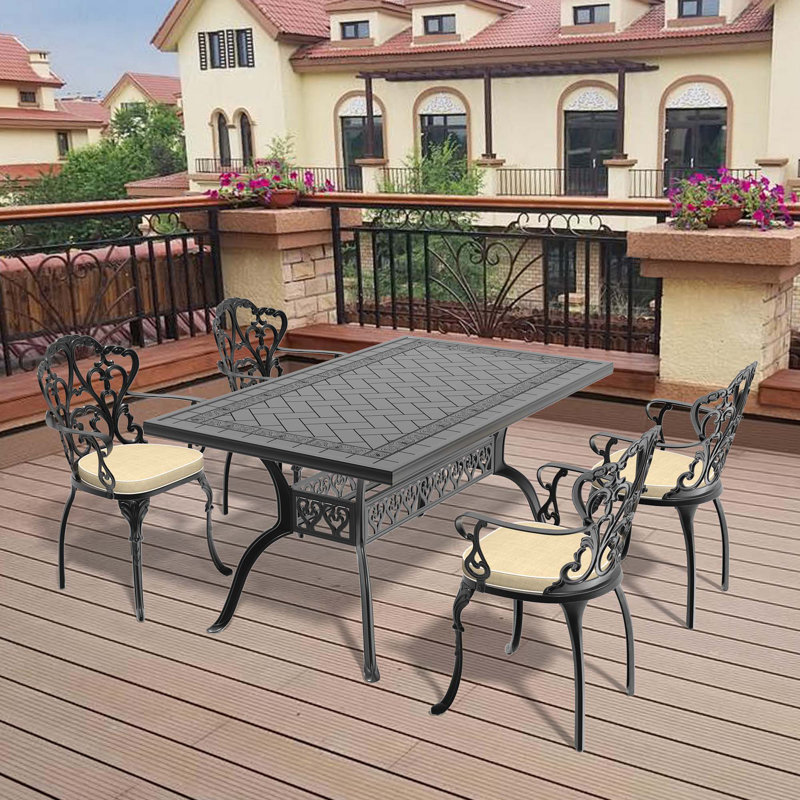 5-Piece Set Of Cast Aluminum Patio Furniture With Black Frame And Off-White Seat Cushions, 4