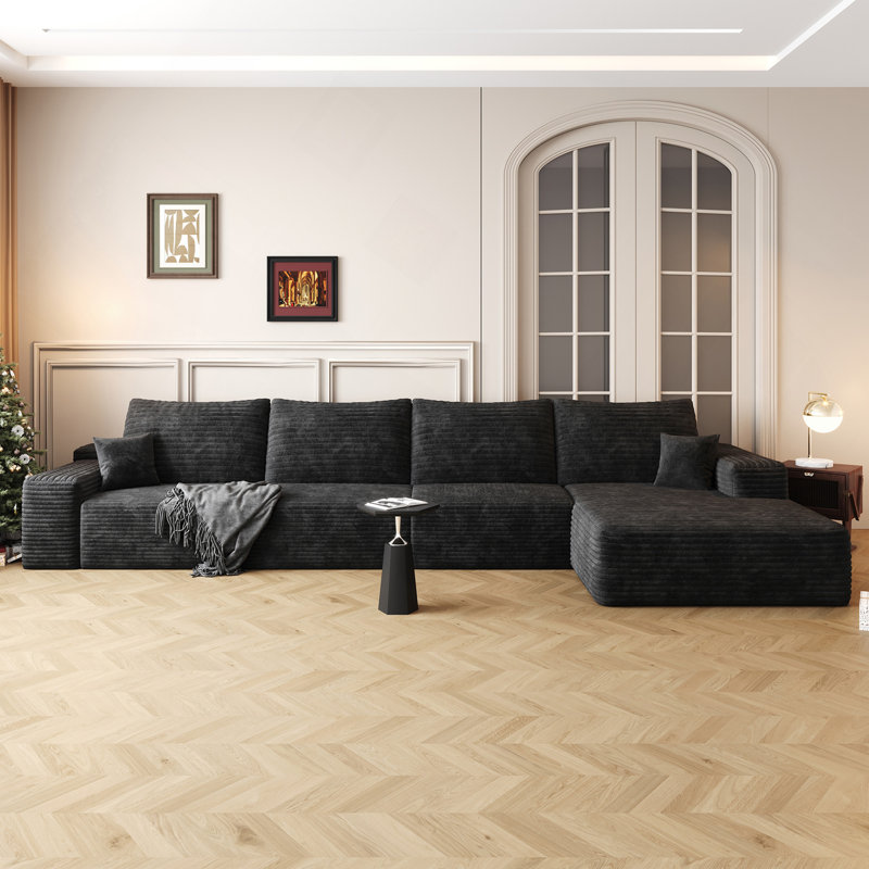 Canapé modulaire en forme de L de 135 po avec méridienne en forme de L, canapé modulaire moderne avec assise profonde, fauteuils rembourrés pour la chambre à coucher du salon, aucun assemblage requis, noir (tissu en velours côtelé moelleux)