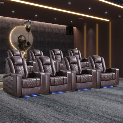Fauteuil de cinéma maison inclinable électrique en similicuir de 34,6 po de largeur avec rangement pour accoudoirs, deux porte-gobelets, port de charge USB et éclairage ambiant