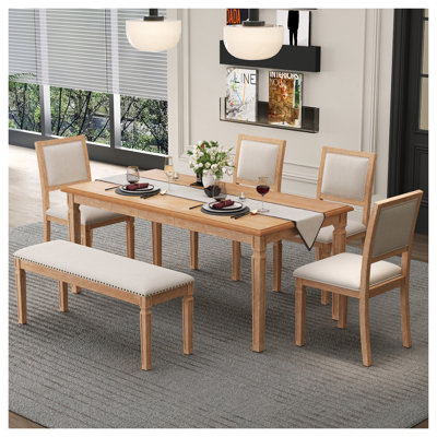 Vintage Extendable Dining Table Set for 6 with 4 Chairs & Bench, 59 to 72-Inch Rustic Farmhouse Kitchen Table Set with Distressed Finish and Retro Carved Legs (Natural Wood Wash)