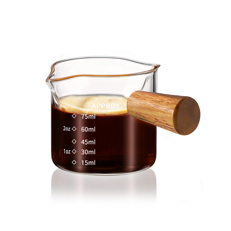 Tasse à espresso à double bec avec poignée en bois YARRAMATE, tasse à mesurer en verre transparent 3,4 oz