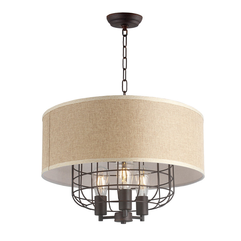 Lustre tambour 3 lumières avec cadre en fer et abat-jour en lin