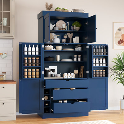 Tall Freestanding Kitchen Pantry With Adjustable Shelves, Door Shelves, Drawers, And Wine Racks, Modern Shaker Style