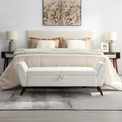 Banc de rangement 60 po moderne avec pieds en bois Mid-Centruy, banc avec rangement pour le salon et la chambre à coucher, rembourré confort - crème Teddy