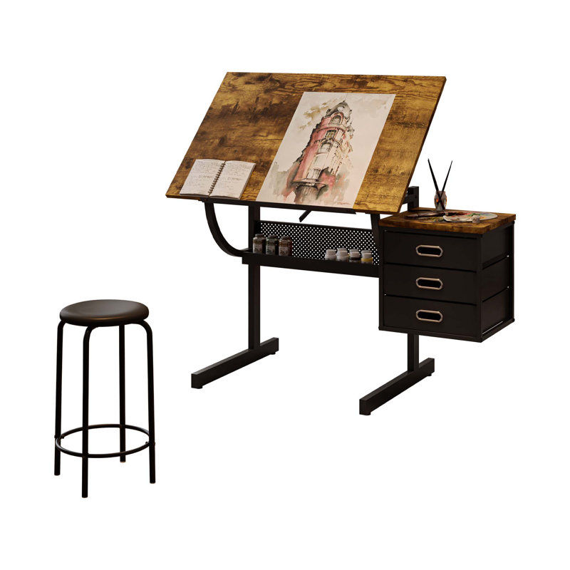 Table à dessin avec tabouret - 3 tiroirs, finition noire