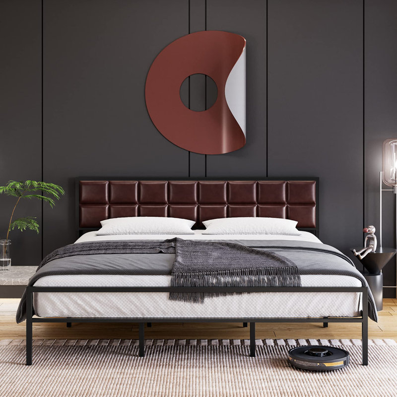 Euanthe Upholstered Metal Bed, Full, Red/Brown