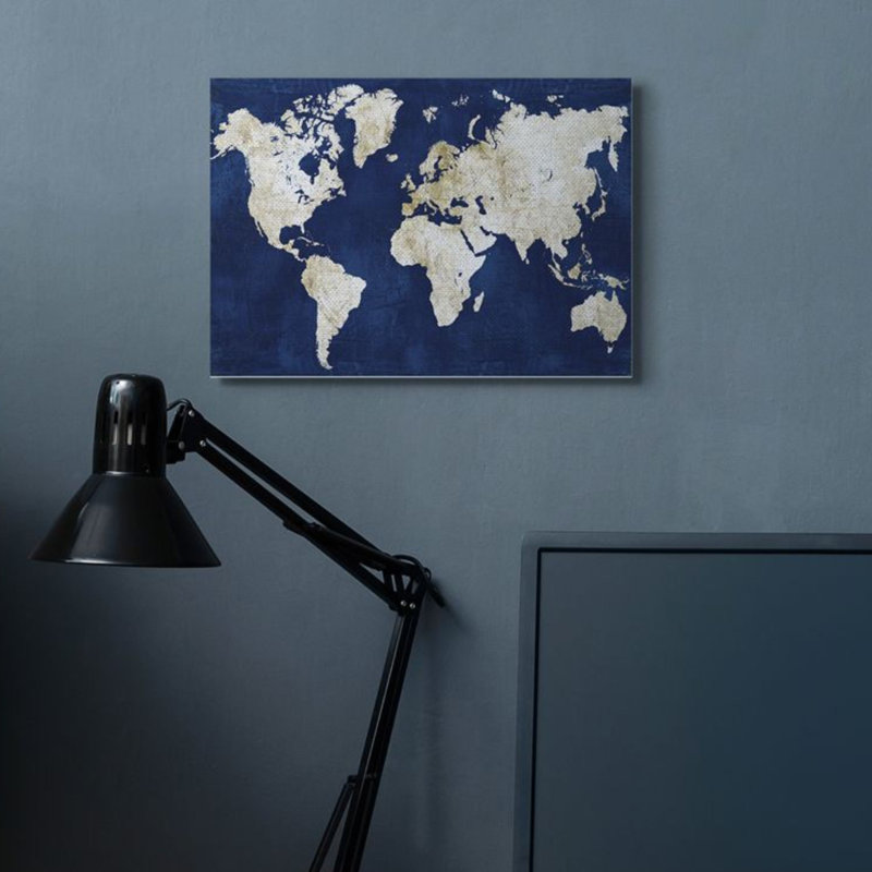 Carte du monde marine et or délavé par Alicia Vidal - impression d'art graphique, H 20 po x l 16 po, Toile tendue