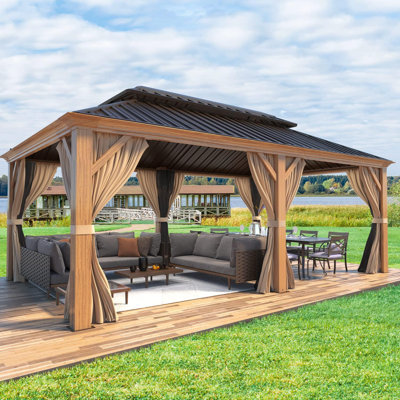 Pavillon de jardin à toit rigide de 12 pi x 16 pi, pavillon de jardin en aluminium à grain de bois avec toit en acier galvanisé, pavillon permanent en métal avec rideaux et filets
