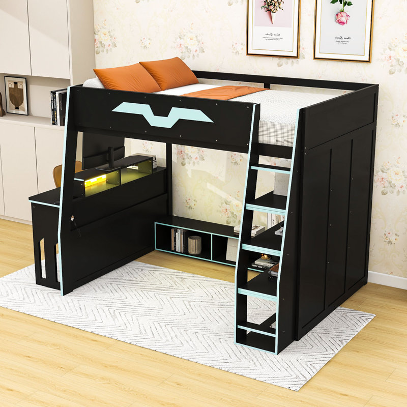 Lit mezzanine double en bois avec bureau, tablettes et lumière RVB contrôlée par l'application, Bleu nuage