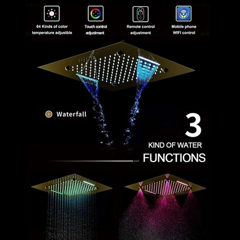 Ercolano Brushed Gold Touch Panel controlled Thermostatic Recessed Ceiling Mount LED Rainfall Waterfall Mist Musical Shower System with Jetted Body Sprays and Hand Shower