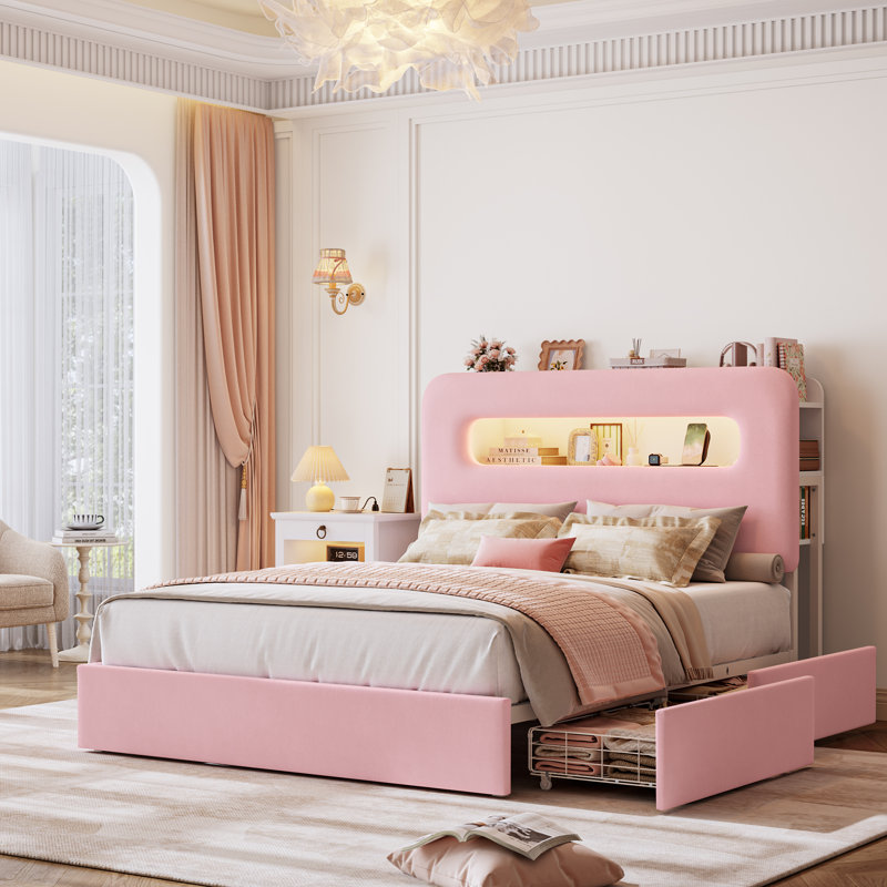 Ensemble de chambre à coucher intelligent et lumineux 3 pièces - Lit de rangement DEL et commode à DEL avec station de recharge