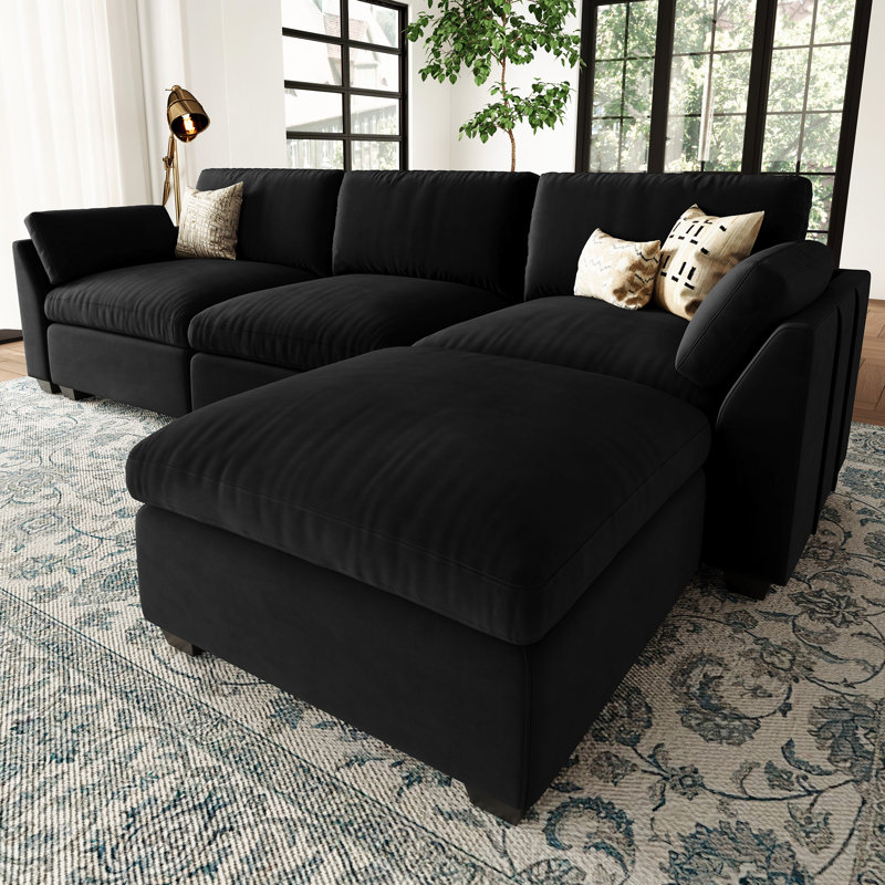 Velvet & Plush Modular Sectional Sofa L-Shaped Solid Wood Sofa with Ottoman, Black Velvet
