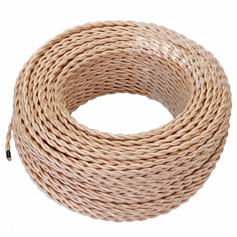 Arquan 2 Core Twisted Cable Fabric Flex Cord 0.75mm Braided Flexible Electrical UK Lighting Wire Cord / Cable, Light Gold