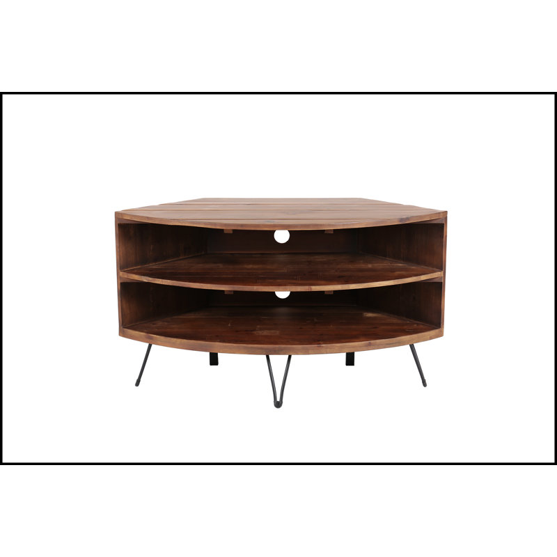 Fan Shape Reclaimed Wood Corner Media Table for Living Room Wise Use Your Space