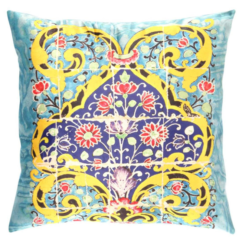 Coussin décoratif en velours, H 20 po x l 20 po, Carré, Bleu marine / jaune