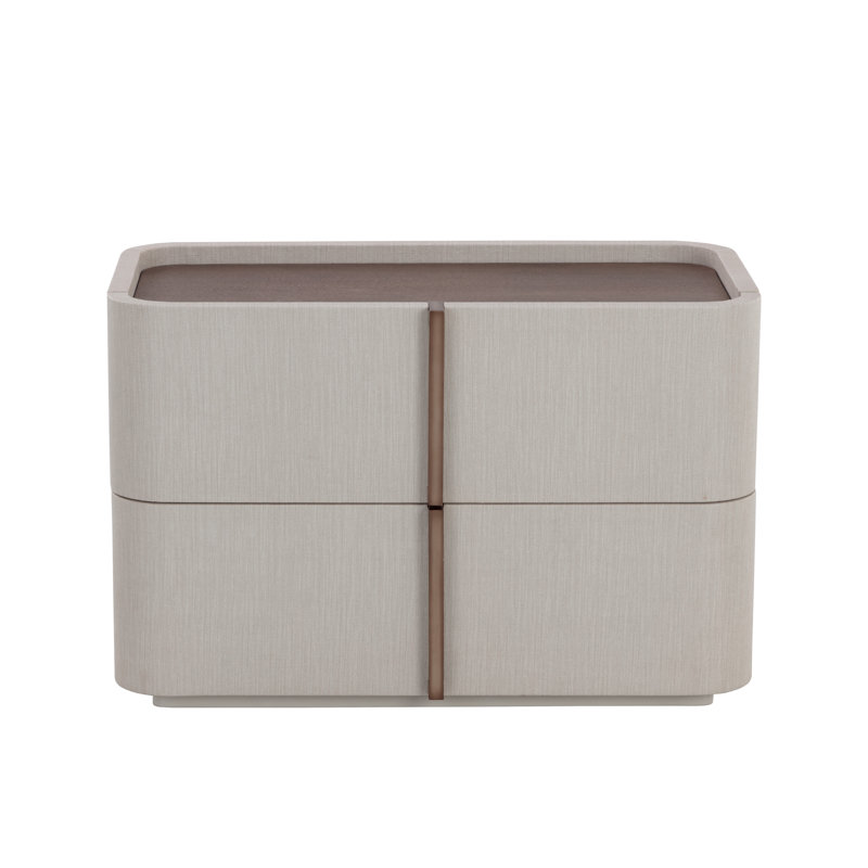 Cream Faux Leather 2-Drawer Nightstand with Oak Veneer Top