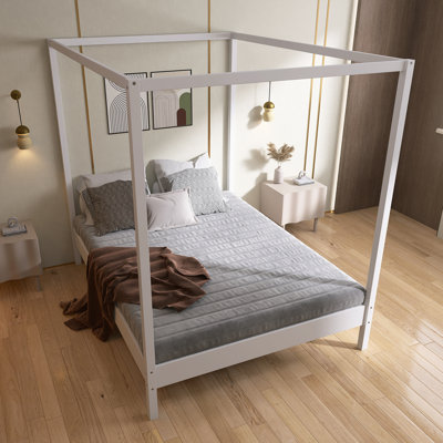 Solid Wood Canopy Bed Frame Four Poster Platform Bed With Slats Support, No Box Spring Needed