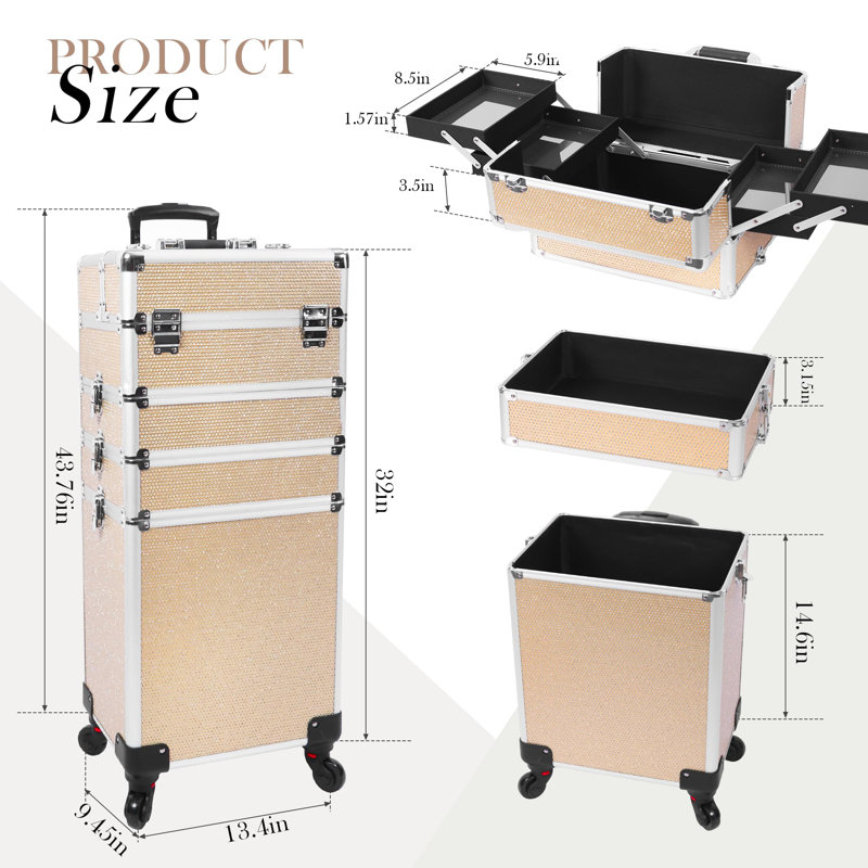 Stylish Rolling Makeup Case With Wheels, 5-In-1 Transformable Cosmetic Trolley With Crystals