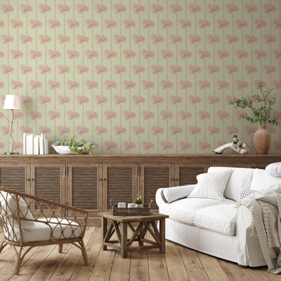 Palmiers Tiki rétro - papier peint rose