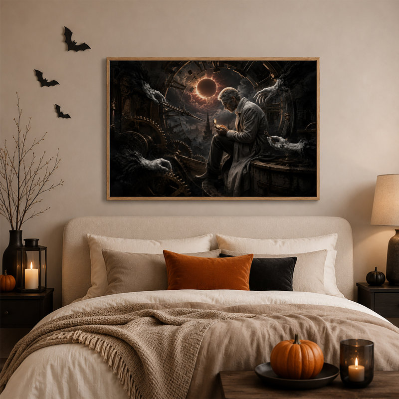 Homme Steampunk avec montre de poche et engrenages géants - Toile murale d'Halloween, H 32 po x l 48 po