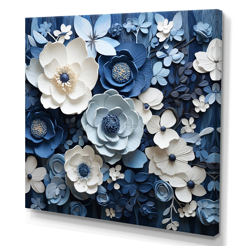 Collage de fleurs bleues et blanches saisonnier III - Fleurs, Toile tendue, H 30 po x l 30 po x P 1 po